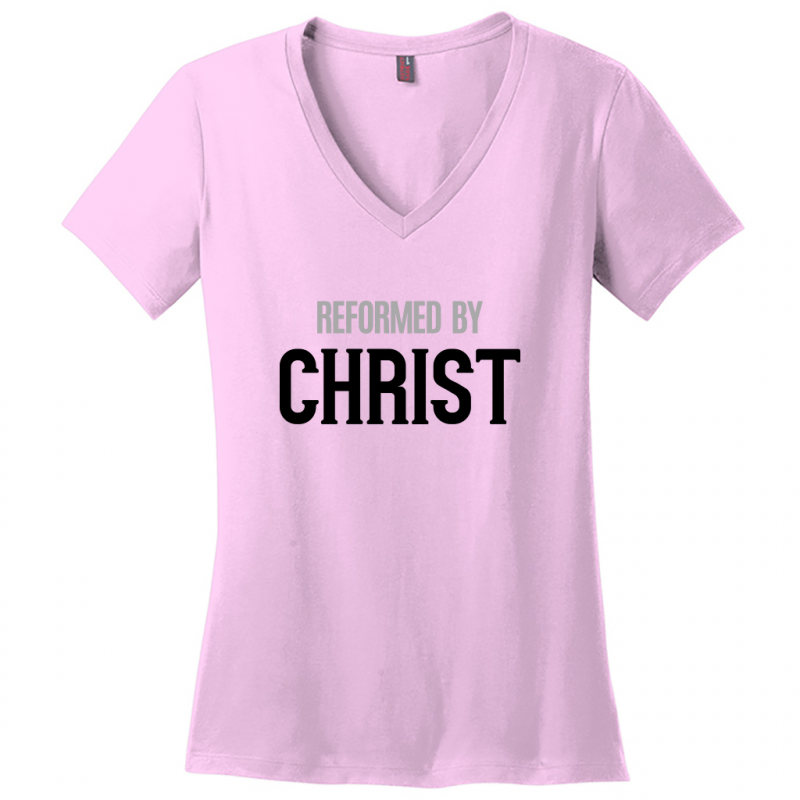Reformed By Christ Women's Black & Gray Design V-Neck T-Shirts