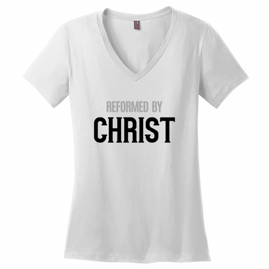 Reformed By Christ Women's Black & Gray Design V-Neck T-Shirts