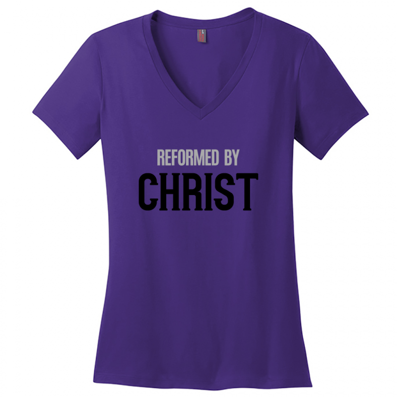 Reformed By Christ Women's Black & Gray Design V-Neck T-Shirts