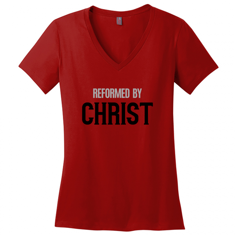 Reformed By Christ Women's Black & Gray Design V-Neck T-Shirts