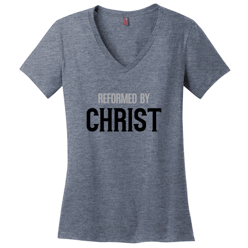 Reformed By Christ Women's Black & Gray Design V-Neck T-Shirts