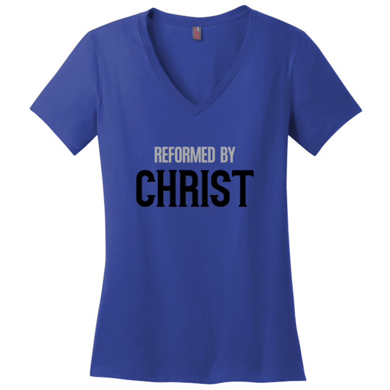 Reformed By Christ Women's Black & Gray Design V-Neck T-Shirts