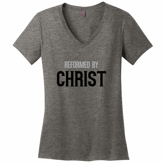 Reformed By Christ Women's Black & Gray Design V-Neck T-Shirts