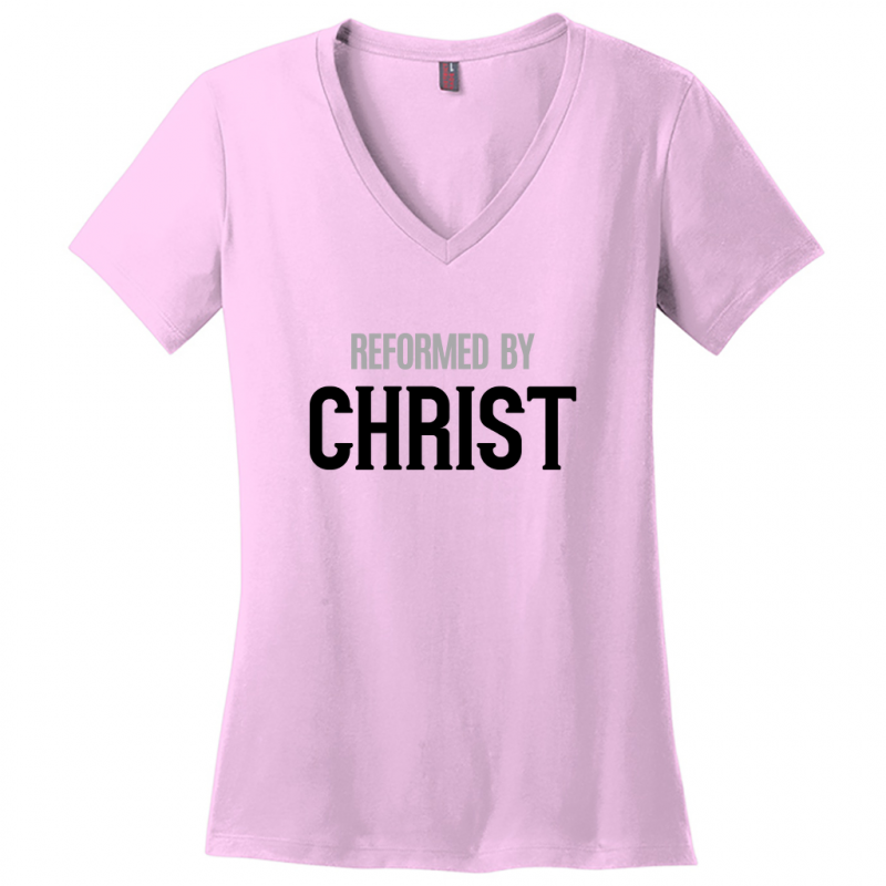 Reformed By Christ Women's Black & Gray Design  V-Neck T-Shirts