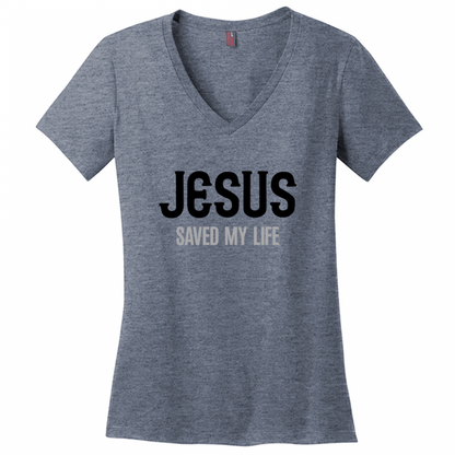 Jesus Saved My Life Women's Black & Gray Design V-Neck T-Shirt