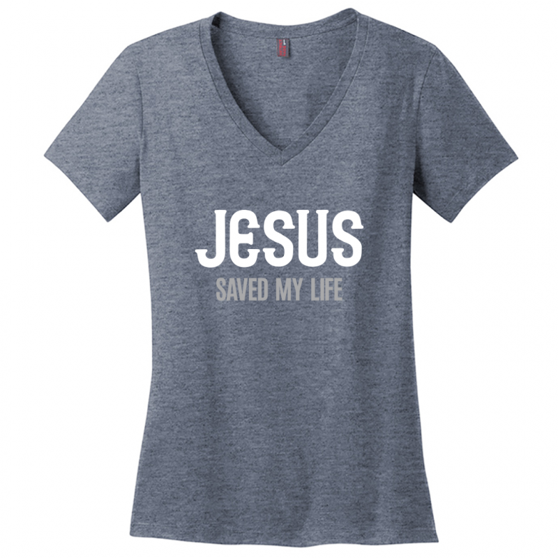 Jesus Saved My Life Women's White & Gray Design V-Neck T-Shirt