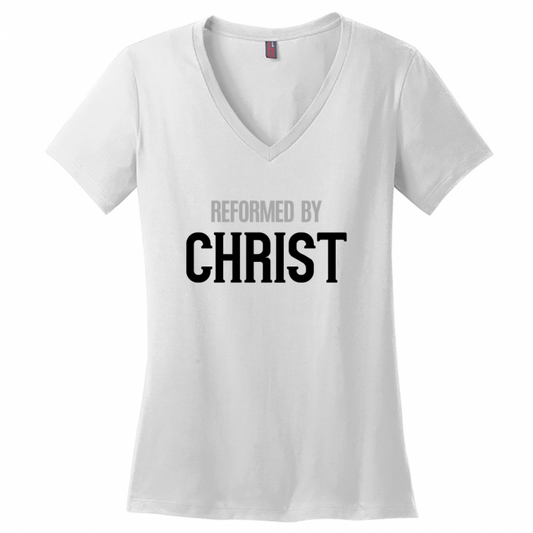 Reformed By Christ Women's Black & Gray Design  V-Neck T-Shirts