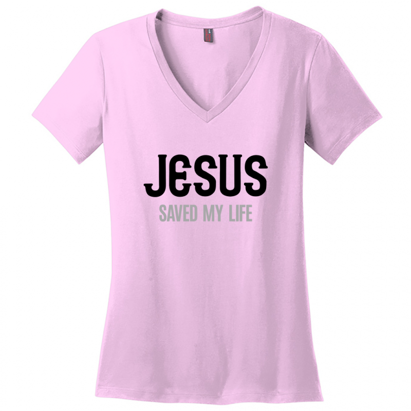 Jesus Saved My Life Women's Black & Gray Design V-Neck T-Shirt