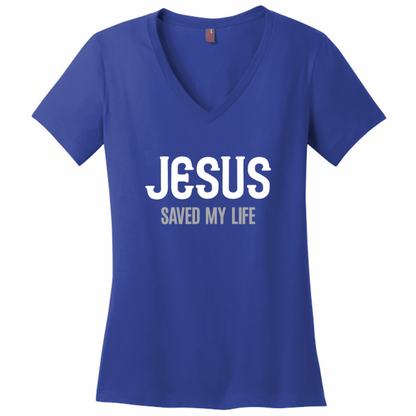 Jesus Saved My Life Women's White & Gray Design V-Neck T-Shirt