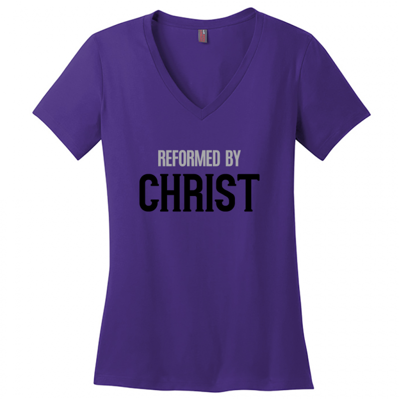 Reformed By Christ Women's Black & Gray Design  V-Neck T-Shirts