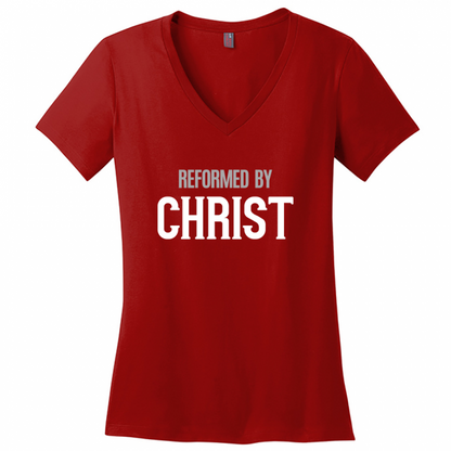 Reformed By Christ Women's White & Gray Design V-Neck T-Shirt