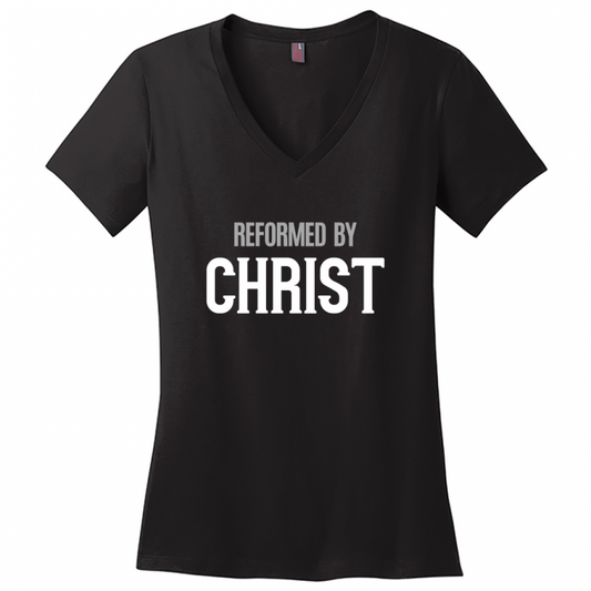 Reformed By Christ Women's White & Gray Design V-Neck T-Shirt