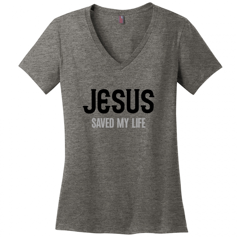 Jesus Saved My Life Women's Black & Gray Design V-Neck T-Shirt