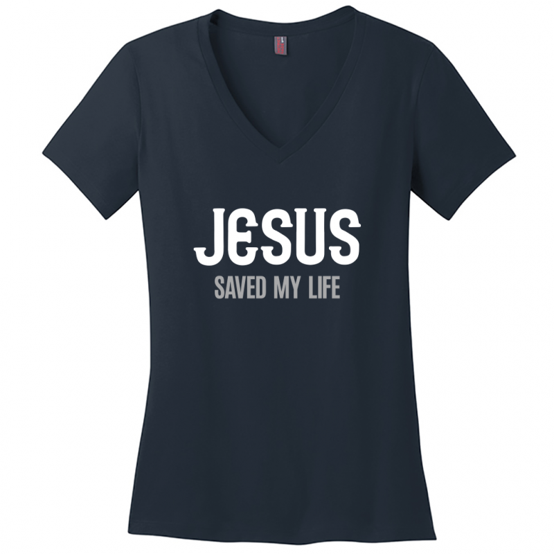 Jesus Saved My Life Women's White & Gray Design V-Neck T-Shirt