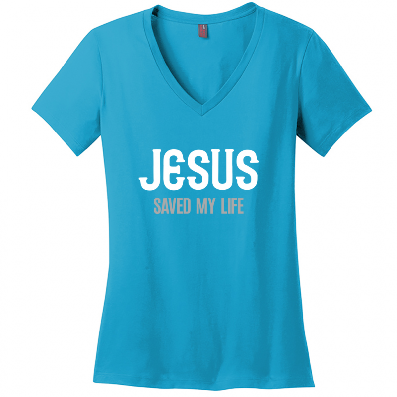 Jesus Saved My Life Women's White & Gray Design V-Neck T-Shirt