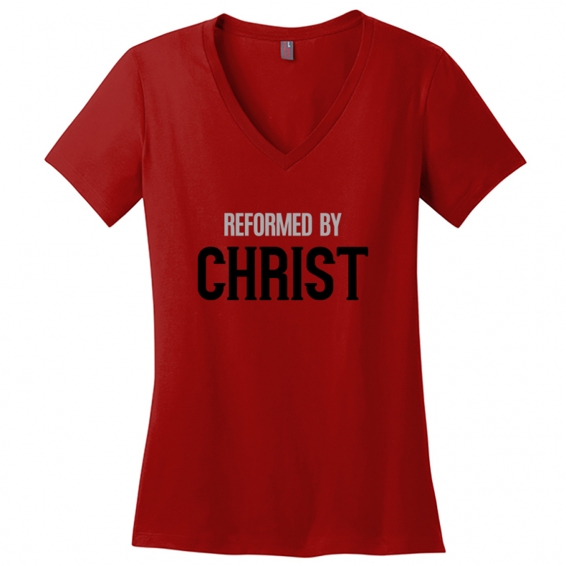 Reformed By Christ Women's Black & Gray Design  V-Neck T-Shirts