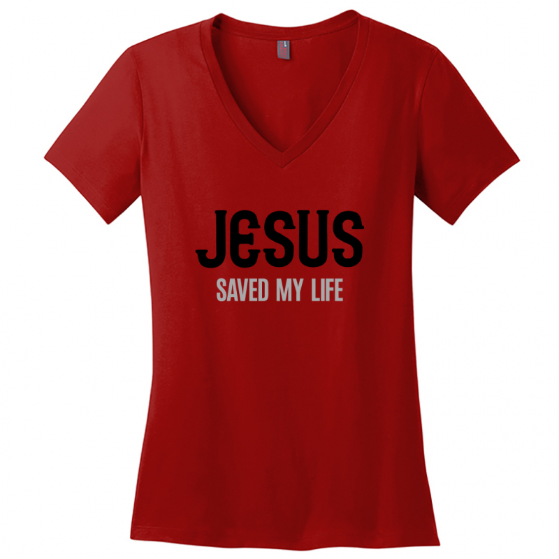 Jesus Saved My Life Women's Black & Gray Design V-Neck T-Shirt