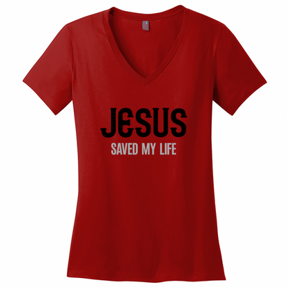 Jesus Saved My Life Women's Black & Gray Design V-Neck T-Shirt