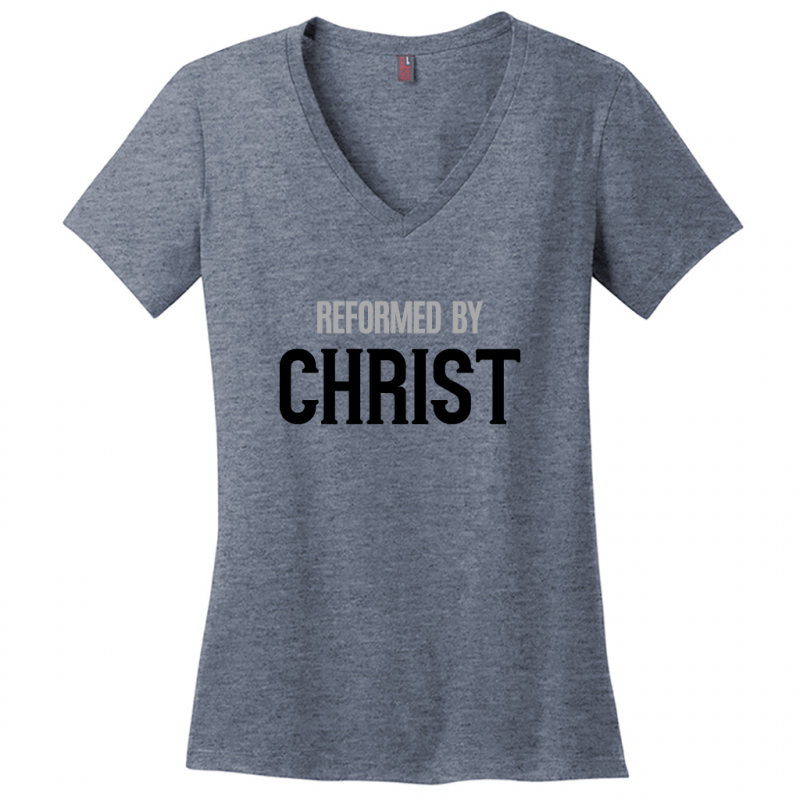 Reformed By Christ Women's Black & Gray Design  V-Neck T-Shirts