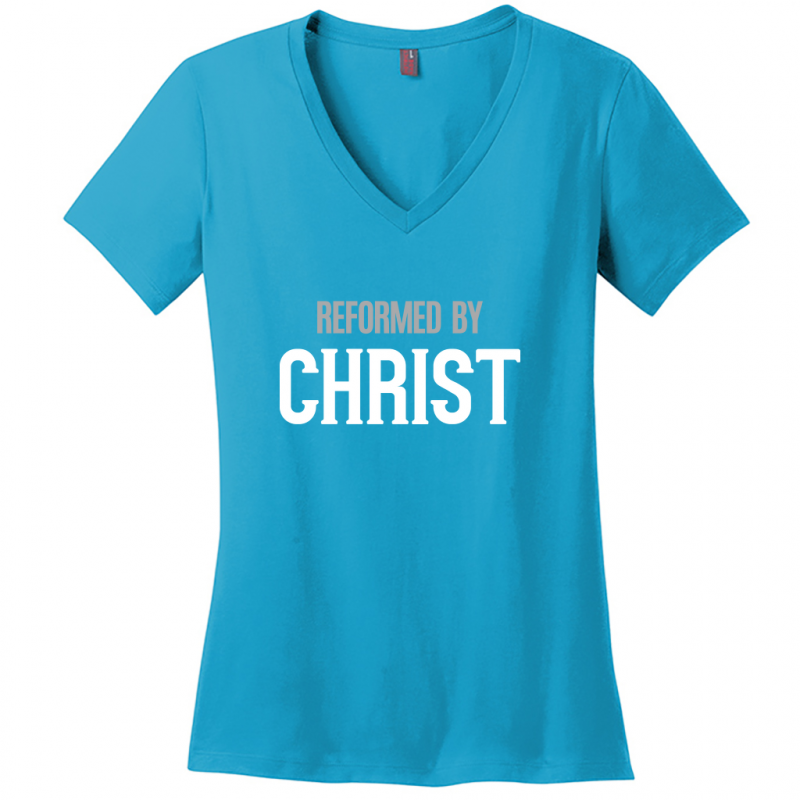 Reformed By Christ Women's White & Gray Design V-Neck T-Shirt