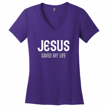 Jesus Saved My Life Women's White & Gray Design V-Neck T-Shirt