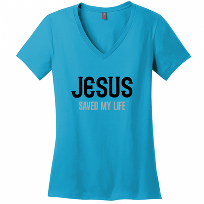 Jesus Saved My Life Women's Black & Gray Design V-Neck T-Shirt