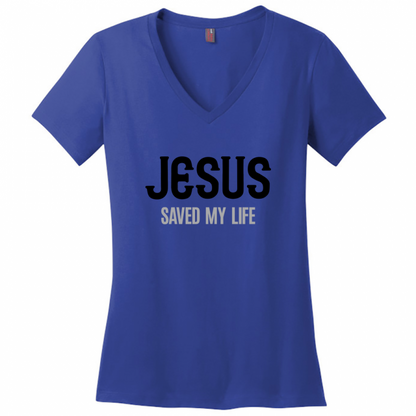 Jesus Saved My Life Women's Black & Gray Design V-Neck T-Shirt