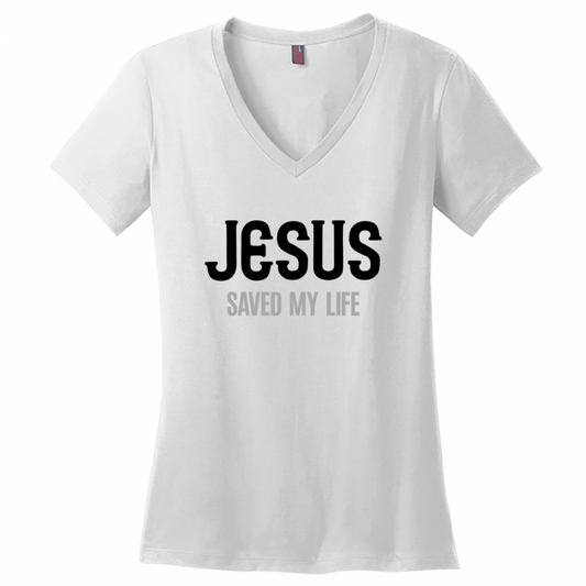 Jesus Saved My Life Women's Black & Gray Design V-Neck T-Shirt