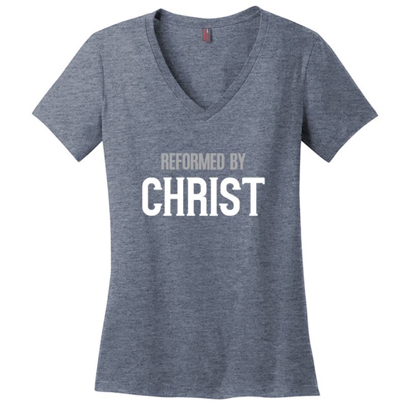 Reformed By Christ Women's White & Gray Design V-Neck T-Shirt