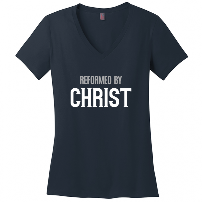 Reformed By Christ Women's White & Gray Design V-Neck T-Shirt