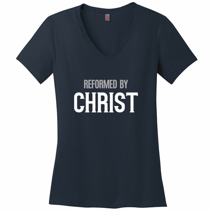 Reformed By Christ Women's White & Gray Design V-Neck T-Shirt