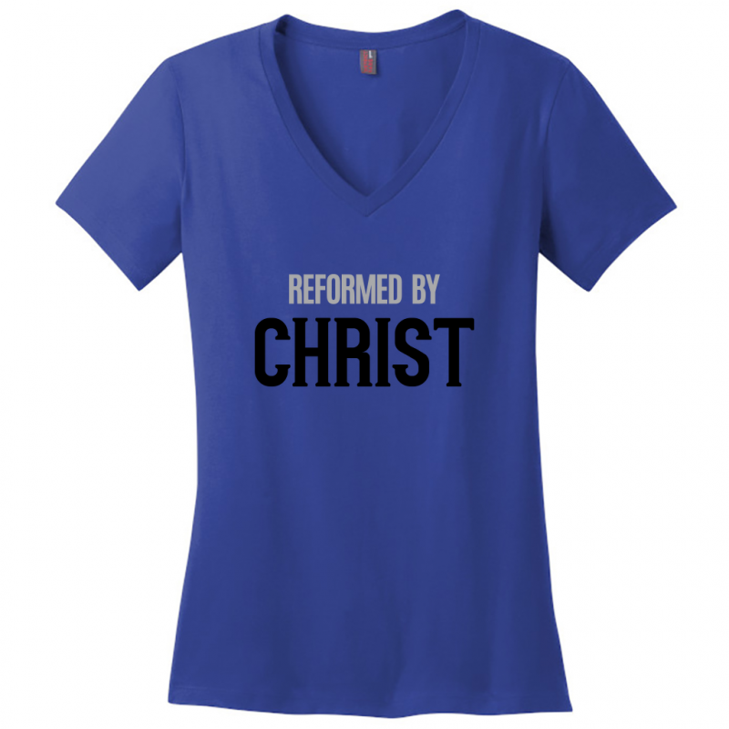 Reformed By Christ Women's Black & Gray Design  V-Neck T-Shirts