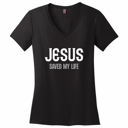 Jesus Saved My Life Women's White & Gray Design V-Neck T-Shirt