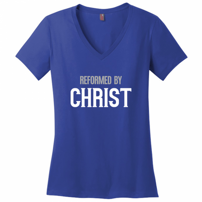 Reformed By Christ Women's White & Gray Design V-Neck T-Shirt