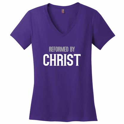 Reformed By Christ Women's White & Gray Design V-Neck T-Shirt