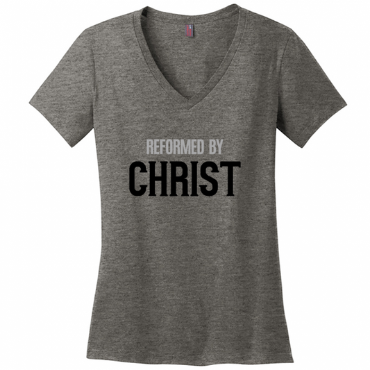 Reformed By Christ Women's Black & Gray Design  V-Neck T-Shirts